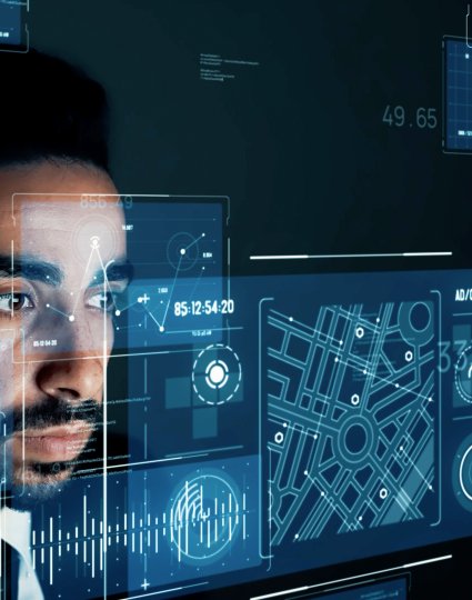 Businessman watching hologram screens